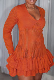 Orange Sexy Solid Color Hollow Out Patchwork Stringy Selvedge Deep V Neck Wrapped Skirt Dresses