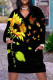 Black Casual Daily Floral Print Butterfly Pocket Contrast V Neck Printed Plus Size Dresses