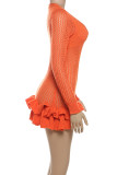 Orange Sexy Solid Color Hollow Out Patchwork Stringy Selvedge Deep V Neck Wrapped Skirt Dresses