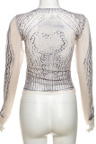 Apricot Sexy Print Patchwork See-Through O Neck Tops