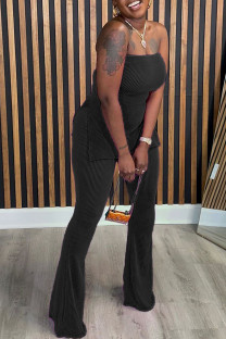 Black Casual Solid Color Patchwork Backless Slit Strapless Two Pieces