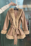 Brown Daily Solid Color Patchwork Strap Design Cardigan Collar Outerwear