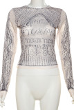 Apricot Sexy Print Patchwork See-Through O Neck Tops