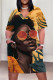 Yellow Casual Street Cartoon Print Flowers Pocket Contrast V Neck Printed Plus Size Dresses