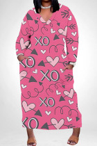 Rose Red Casual Graffiti Print Heart Shaped Lips Pocket Contrast V Neck Printed Plus Size Dresses