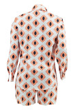 Blue Casual Print Buckle Patchwork Turndown Collar Long Sleeve Two Pieces