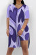 Purplish Blue Casual Street Love Print Slit Contrast V Neck Short Sleeve Two Pieces