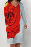 Black Casual Daily Floral Print Butterfly Pocket Contrast V Neck Printed Plus Size Dresses
