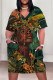 Dark Green Casual Street Cartoon Print Flowers Pocket Contrast V Neck Printed Plus Size Dresses