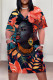 Red Blue Casual Street Cartoon Print Flowers Pocket Contrast V Neck Printed Plus Size Dresses