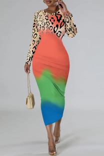 Khaki Casual Snakeskin Print Leopard Contrast O Neck Printed Dresses
