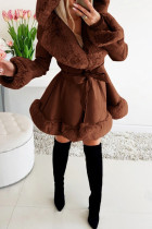 Brown Daily Solid Color Pocket Patchwork Strap Design Cardigan Collar Outerwear