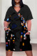 Black Casual Cartoon Print Flowers Pocket Contrast V Neck Printed Plus Size Dresses