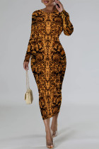 Yellow Brown Casual Snakeskin Print Leopard Contrast O Neck Printed Dresses