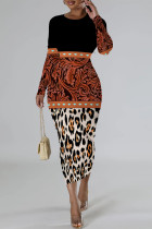 Leopard Print Casual Snakeskin Print Leopard Contrast O Neck Printed Dresses
