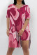 Red Casual Street Love Print Slit Contrast V Neck Short Sleeve Two Pieces