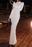 White Elegant Solid Color Patchwork Turtleneck Long Dresses