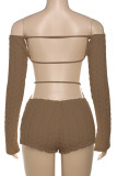 Brown Sexy Solid Color Patchwork Backless Off Shoulder Skinny Rompers