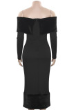 Black Elegant Solid Color Patchwork Backless Off Shoulder Long Dresses