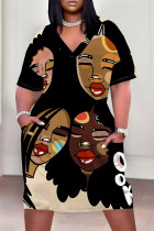 Black Casual Street Cartoon Print Letters Pocket Contrast V Neck Printed Plus Size Dresses