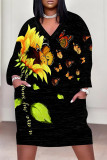 Black Casual Daily Floral Print Butterfly Pocket Contrast V Neck Printed Plus Size Dresses