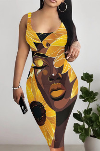 Yellow Sexy Cartoon Print Letters Leopard Contrast U Neck Printed Dresses