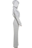Grey Casual Letters Embroidered Draw String Patchwork Hooded Long Sleeve Two Pieces