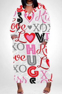 Grey Casual Graffiti Print Heart Shaped Lips Pocket Contrast V Neck Printed Plus Size Dresses