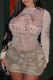 Apricot Sexy Print Patchwork See-Through O Neck Tops