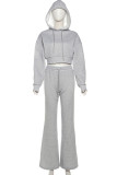 Grey Casual Letters Embroidered Draw String Patchwork Hooded Long Sleeve Two Pieces