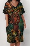Brown Casual Street Cartoon Print Flowers Pocket Contrast V Neck Printed Plus Size Dresses
