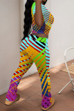 Multicolor Casual Street Stripe Splashed ink printing Contrast O Neck Short Sleeve Two Pieces