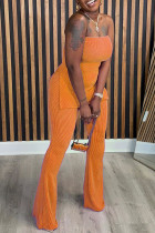 Tangerine Red Casual Solid Color Patchwork Backless Slit Strapless Two Pieces