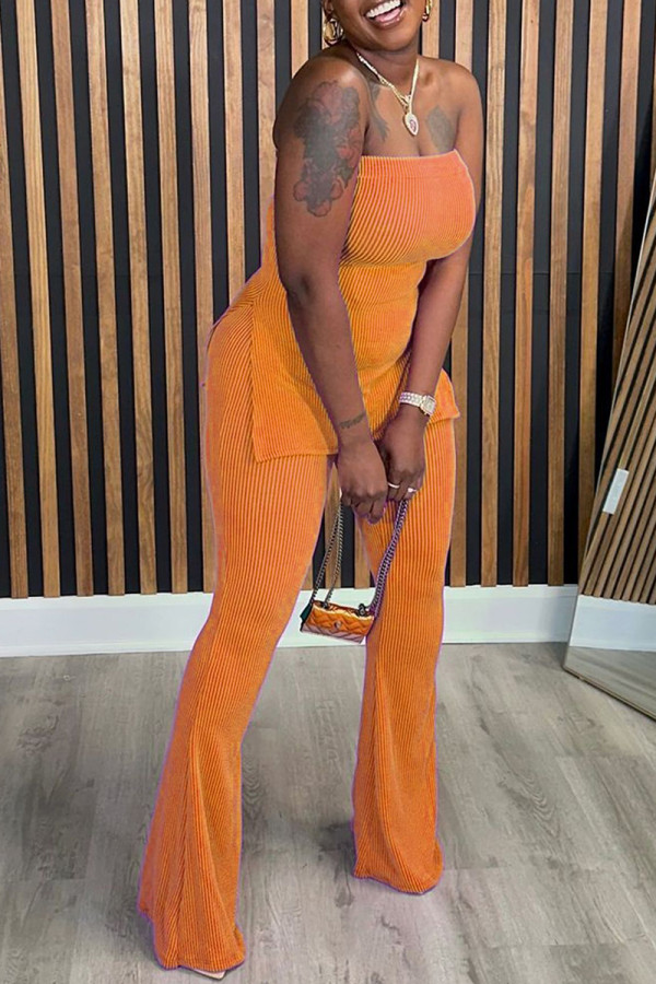 Tangerine Red Casual Solid Color Patchwork Backless Slit Strapless Two Pieces