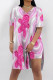 White Pink Casual Street Love Print Slit Contrast V Neck Short Sleeve Two Pieces