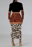 Camel Casual Snakeskin Print Leopard Contrast O Neck Printed Dresses
