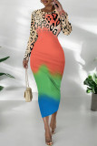 Camel Casual Snakeskin Print Leopard Contrast O Neck Printed Dresses