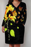 Black Casual Daily Floral Print Butterfly Pocket Contrast V Neck Printed Plus Size Dresses
