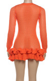 Orange Sexy Solid Color Hollow Out Patchwork Stringy Selvedge Deep V Neck Wrapped Skirt Dresses