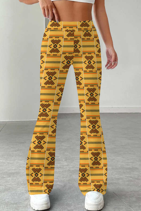 Orange Casual Print Patchwork Regular Mid Waist Speaker Full Print Bottoms