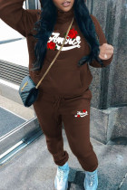 Brown Casual Print Draw String Pocket Patchwork Hooded Long Sleeve Two Pieces