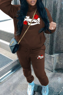 Brown Casual Print Draw String Pocket Patchwork Hooded Long Sleeve Two Pieces