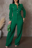 Black Casual Solid Color Buttons Patchwork Turndown Collar Regular Jumpsuits