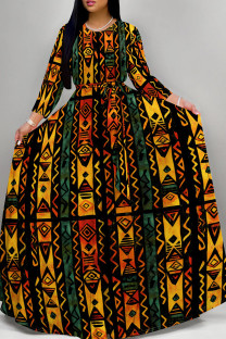 Green Yellow Casual Print Patchwork Strap Design O Neck Long Dresses