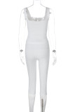 White Sexy Solid Color Patchwork Backless Cross Straps Square Neck Two Pieces