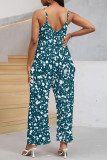 Multi-color Casual Street Geometric Print Pocket Belted Contrast V Neck Loose Jumpsuits