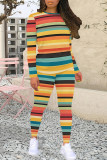 Blue Yellow Casual Print Patchwork O Neck Long Sleeve Two Pieces