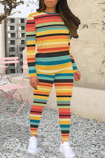 Colour Casual Print Patchwork O Neck Long Sleeve Two Pieces