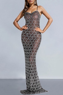 Black Sexy Hot Drilling See-Through Backless Slit Spaghetti Strap Long Dresses