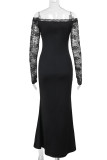 Black Elegant Solid Color Lace Patchwork Backless Off Shoulder Long Dresses